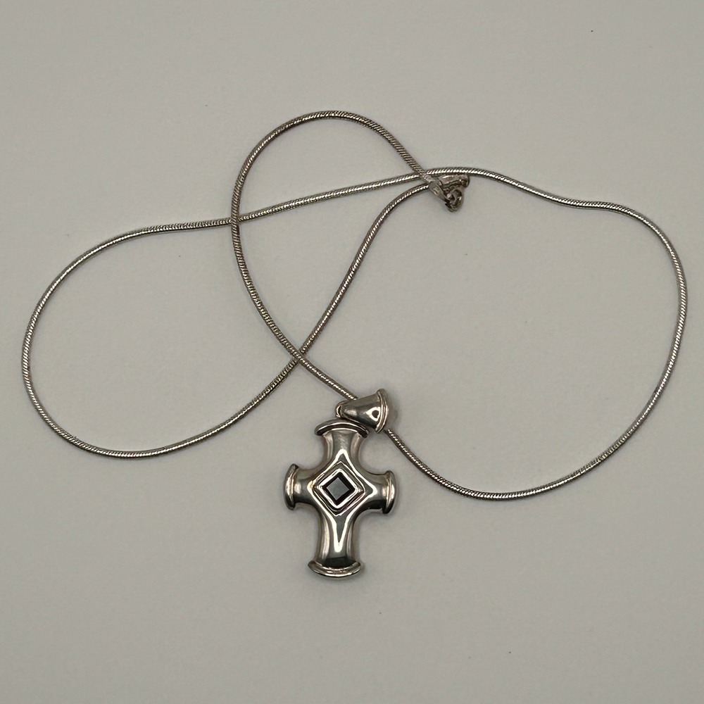 925 Sterling Silver Black Onyx Cross Pendant Necklace Italy Snake Chain 14.48g